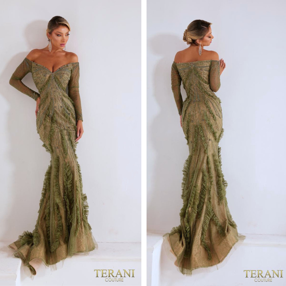 Vintage Terani Prom Dress Maxi Gown 4 Green Ruffle Fairy Princess Sleeve Evening - Picture 3 of 16
